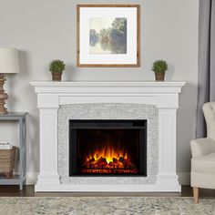 a living room with a fire place in the center and a chair next to it