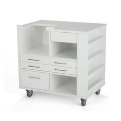 a white cabinet with drawers and wheels on the bottom shelf is shown against a white background