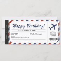 an airmail birthday gift card with the words happy birthday written in red, white and blue