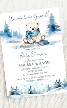 Polar bear winter bearly wait baby shower editable template invitation digital download cute teddy Winter Polar Bear Baby Shower Theme, January Baby Boy Shower Ideas, Polar Bear Themed Baby Shower Ideas, Winter Bear Baby Shower Ideas, Polar Bear Baby Shower Theme Boy, Winter Boy Baby Shower Ideas, Winter Wonderland Baby Shower Invitation