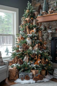 a christmas tree decorated with pine cones, ornaments and other holiday decorations in front of a fireplace