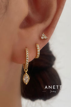 Marquise Cubic Dangle Earring Set Gold Earing Stacks, Earing Aesthetics, Three Piercings Ears, Elegant Ear Piercings, Earings Piercings Aesthetic, Gold Earrings Stack, Lobe Piercing Ideas, Piercing Styling