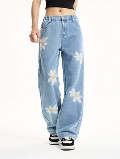 Tween Girl Daisy Embroidered Straight Leg Relaxed Fit Jeans Blue    Denim Animal,Floral,Geometric,Plants Straight Leg,Wide Leg Non-Stretch All Tween Girls Clothing, size features are:Bust: ,Length: ,Sleeve Length: Jeans Pattern Design, Daisy Jeans, Appropriate Outfits, Cute Ripped Jeans, Diy Outfits, Flower Jeans, Flower Pants, Clothing Pieces, Patterned Jeans