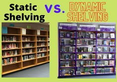 two bookshelves with different types of books on them and the words static vs shelfing