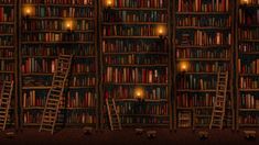 two ladders in front of a bookshelf full of books