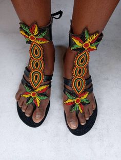 On sale! African gradiator sandal/Rastafarian sandal/Kenyan sandal/Maasai sandal/beaded sandal/handmade sandal/black leather sandal/her gift Perfect for weddings, parties and African themed events You look super great with a short,mini dress,mini skirt and shirt This great summer accessory as well as weddings, Christmas and valentine's gifts 100% Handcrafted using soft leather and fine beads All sizes are available as we custom make them We ship via DHL express Handmade Sandals, Beaded Sandals, Themed Events, Maasai, Black Leather Sandals, Short Mini Dress, Summer Accessories, Strappy Sandals, Gladiator Sandals