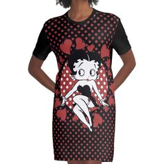 Loose and casual fit jersey t-shirt dress. Printed polyester blend front panel, solid color 100% cotton back/sleeves/rib. Size range XS-2XL. collage Dress For Sale, Casual Fit, Betty Boop, Casual Fits, Jersey T Shirt, T Shirt Dress, Dresses For Sale, Designer Dresses, Graphic T Shirt