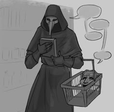 a drawing of a person with a book in their hand and a shopping basket next to them