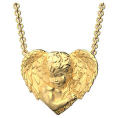 Discover the epitome of elegance with our 18k Gold Heart Necklace, featuring a captivating Cupid pendant. Perfect as a push present for your wife, this Italian fine jewelry piece showcases angel wings, symbolizing love and protection. Elevate her collection with this exquisite Angel gold necklace, crafted to perfection. DIMENSIONS Pendant 23 mm x 20 mm Total length with Rolo Chain : 50 cm - 19.6 inch Production time for this jewelry varies from 3-4 working weeks. -Orders placed in the second half of July will experience a delay in delivery due to our workshop being closed for vacation in August. Our workshop is usually closed for 4 weeks during August, so orders placed during this time will have a longer processing time and will be delivered by mid-September. Each item comes in a high qual Luxury Gold Mythological Necklaces, Angelic Gold Pendant Jewelry, Luxury Yellow Gold Fish-shaped Necklace, Angel Wing Necklace Gold, Elegant Gold Angel Wings Necklace, Push Presents, Angel Necklace, Gold Heart Necklace, Black Gift Boxes