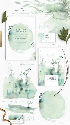 watercolor wedding stationery set with greenery and leaves on the front, in shades of green