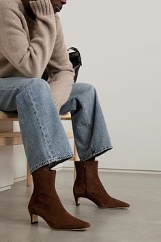 Modernist silhouettes are what set STAUD's designs apart. These 'Wally' ankle boots are made from supple suede and have sculptural heels. The point-toe shape looks just as chic with jeans as it does a midi dress. Staud Boots, Pointed Boots Outfit, Suede Ankle Boots Outfit, Brown Suede Boots Outfit, Brown Ankle Boots Outfit, Suede Boots Outfit, Brown Boots Outfit, How To Wear Ankle Boots, Boots Outfit Ankle