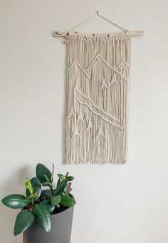 a potted plant next to a macrame wall hanging on a white wall