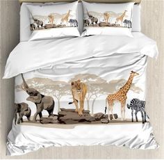 an image of a bed with animals and zebras in the wild on it's cover