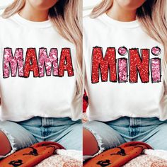 two pictures of a woman wearing a white shirt with the word mama on it and mittens