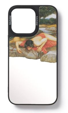 a phone case with an image of a woman laying on the ground and holding her head