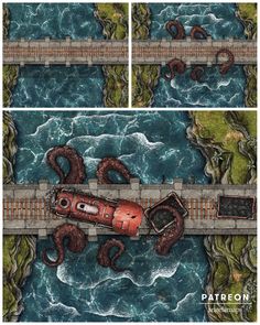 two pictures of an octopus crossing a bridge over the ocean with another one in the background