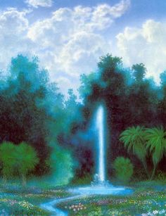 a painting of a fountain surrounded by trees and flowers