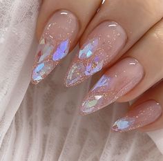 Rave Nails, Aurora Nails, Nails Yellow, Long Stiletto, Nail Jewels, Polar Light, Short Almond, Rose Gold Nails, Light Crystal