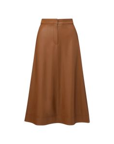 The classic A-line skirt, coated to look like leather. Equal parts polish and edge, this high-waisted midi skirt has a beautiful drape and movement with each step. Style the Louise with a silk top and kitten heels to play up the feminine factor.100% Polyurethane, 95% Coated Rayon, 5% ElastaneLining: 100% PolyesterDry clean onlyStyle #2411LT5130438 Leather Midi Skirt For Work, Leather Pleated Skirt For Work, Elegant Leather Skirt For Work, Brown Full Skirt For Workwear, Brown Full Skirt For Work, Modern Leather Skirt For Work, Leather Flared Skirt For Spring, Leather Midi Pencil Skirt For Spring, Leather Midi Pencil Skirt For Fall