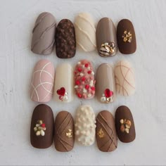 Chocolate Valentines Nails, Fake Nails Designs, Valentine Nail Art, Nail Design Inspiration, Soft Nails, Bling Acrylic Nails, Cute Nail Art