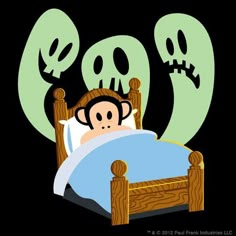 a cartoon monkey is sleeping in his bed with three heads above him and two eyes on the head