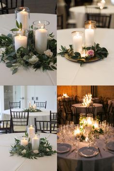 wedding tables with candles and centerpieces in different stages of being set for an event