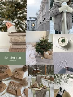 a collage of photos with different things in the snow and christmas decorations on display