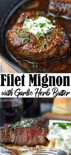 steak with garlic and herb butter in a skillet next to mashed potatoes on a plate