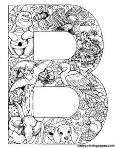 the letter b is made up of many different animals and letters that are outlined in black and white