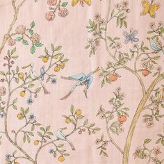 a pink wallpaper with birds, flowers and leaves on the branches in pastel colors