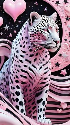 a painting of a leopard sitting on top of a pink and black background with hearts