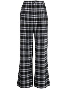 black/light grey stretch-design check pattern pleat detailing adjustable waist strap straight leg concealed fly and button fastening two side slash pockets rear welt pocket Nanny Fashion, Clyde Donovan, Year 8, Plaid Trousers, Waist Strap, Plaid Pants, Straight Leg Trousers, Pants Straight, Check Pattern