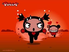 an animated cartoon character with horns running towards another character in front of the sun and red sky