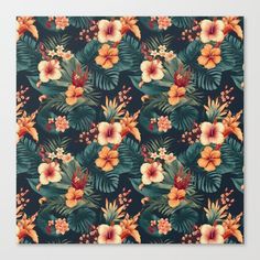 an art print with tropical flowers and leaves on a black background by corbi