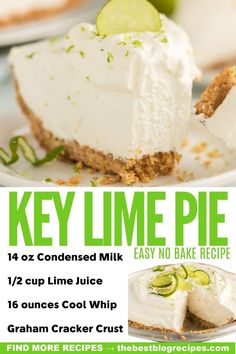 key lime pie on a white plate with text overlay