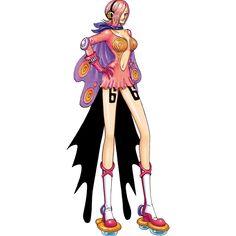 an anime character in pink and purple with wings on her back, wearing roller skates