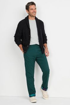 Men's Green Forest Comfort Waist Stretch Flannel Lined Knockabout Chino Pants | Winter Outfits | Cold Winter Outfits | Lands' End