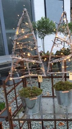 two metal buckets filled with plants and lights