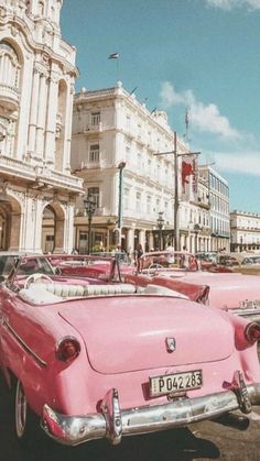 several pink cars parked on the side of the road in front of tall white buildings