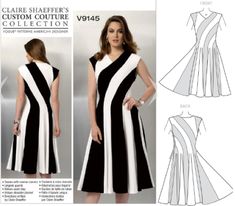 a women's dress with black and white stripes on the side, front and back views