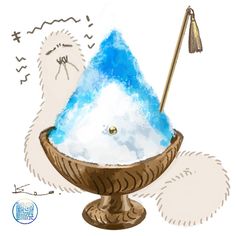 a drawing of a blue and white bowl with a gold pole sticking out of it