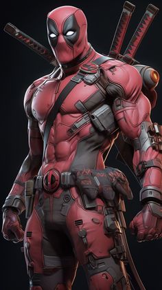 the deadpool character is holding two swords and wearing red armor with black accents on his chest