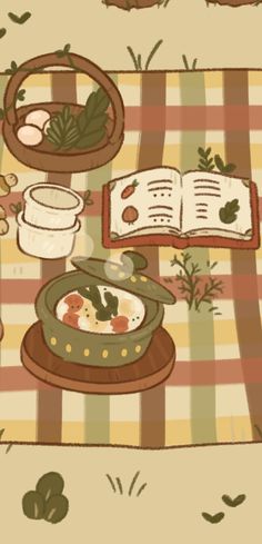 an image of a picnic with food on the table and book open to read it