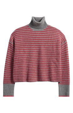 A cold-weather essential, this striped waffle-stitch turtleneck sweater is crafted of pure wool with a relaxed fit and dropped shoulders for extra cozy points. 20" length (size Medium) Turtleneck Long sleeves 100% merino wool Dry clean Imported French Illustration, Novelty Sweater, The Possession, Waffle Stitch, Madewell Sweater, Knit Turtleneck, Knit Turtleneck Sweater, Madewell Sweaters, Illustration Style