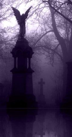 an angel statue sitting in the middle of a cemetery on a foggy day with trees