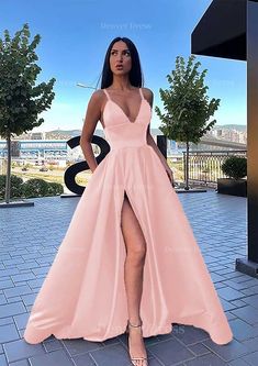 A Line V Neck Sleeveless Sweep Train Satin Prom Dress Red Ballgown, Ballgown Prom Dress, Party Dresses Night, Prom Dress With Split, Sweep Train Prom Dress, Navy Prom Dresses, Dark Red Dresses, Dress With Split, Red Dresses Classy