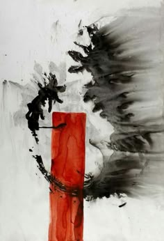 an abstract painting with black and red colors