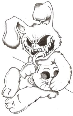 a drawing of a dog holding a cat