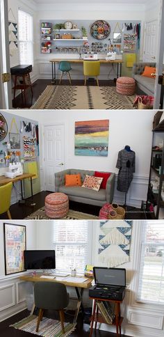 this is a collage of photos with various furniture and decor in different rooms together