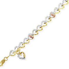 Remind Mom of your love and appreciation every day with this sparkling link bracelet. Crafted in 10K tri-toned gold, this brilliant design features open heart-shaped links in beaded white and diamond-cut yellow gold. Every few links, the word "mom" personalizes the style in rich rose gold. A darling heart charm completes this loving look. Polished to a bright shine, this 7.0-inch bracelet secures with a durable lobster claw clasp. Look Polished, Bracelets Design, Swarovski Crystal Jewelry, Jewelry Bracelets Gold, Bangles Jewelry Designs, Gold Necklace Designs, Bangles Jewelry, Jewelry Tutorials, Diamond Cut